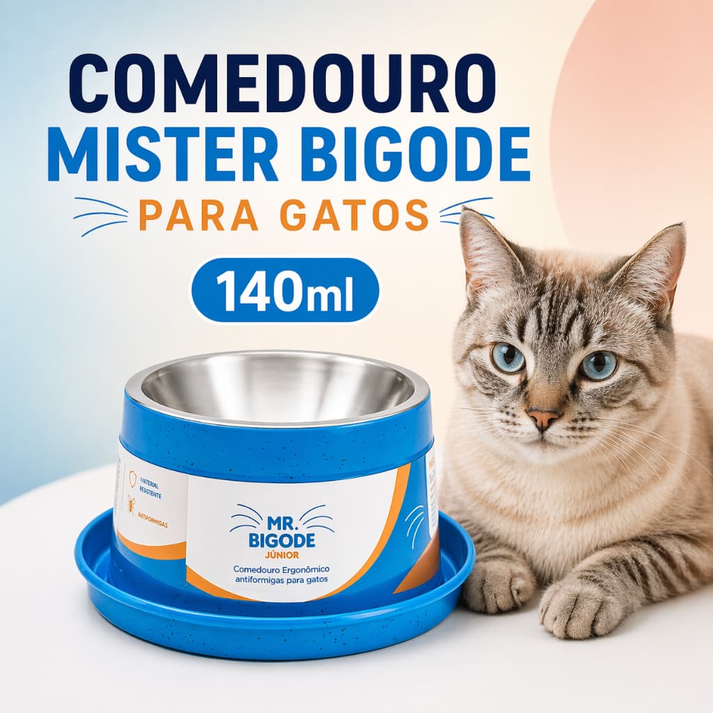 Comedouro e bebedouro para Gatos Ergonômico- Antiformiga MR. BIGODE capacidade - 140ml na cor azul l