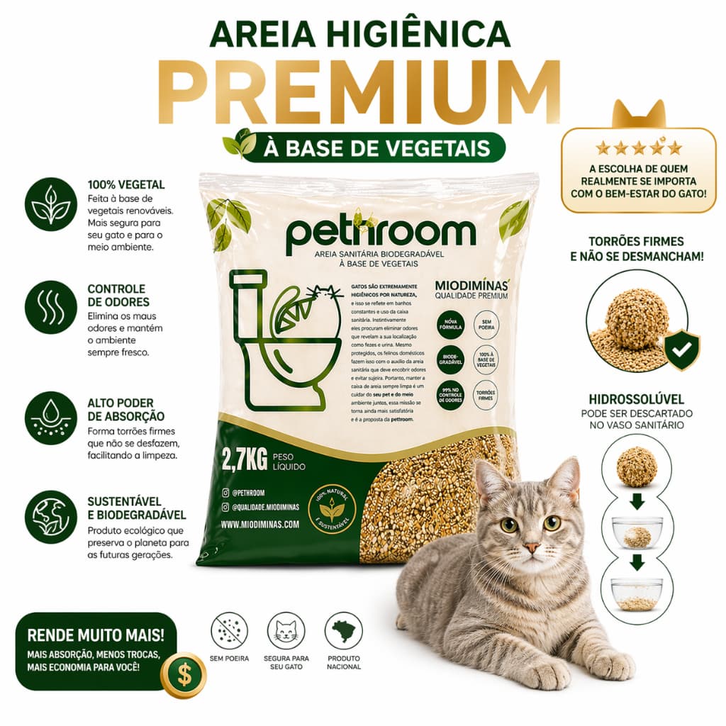 Areia Higienica para Gatos Sanitaria de Mandioca 2.7KG Natural Biodegradavel