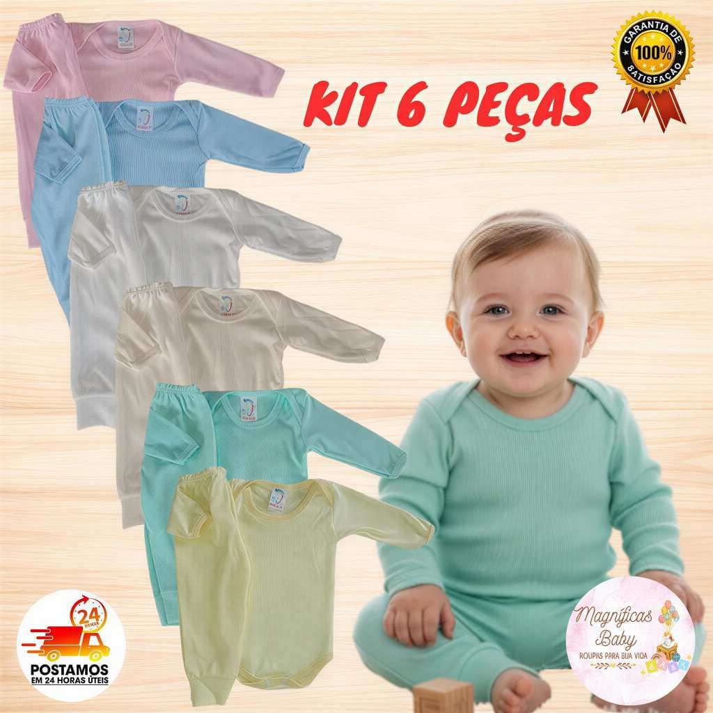 Kit 6 Peças Bebê Enxoval Completo Body Manga Longa + Mijão Algodão Canelado RN ao G Roupa de Bebê