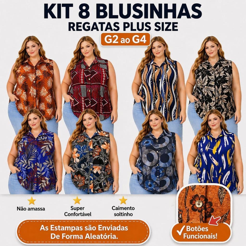 Kit 8 Regatas Feminina Plus Size Envio Rápido Não Amassa Leve G2 ao G4 Atacado