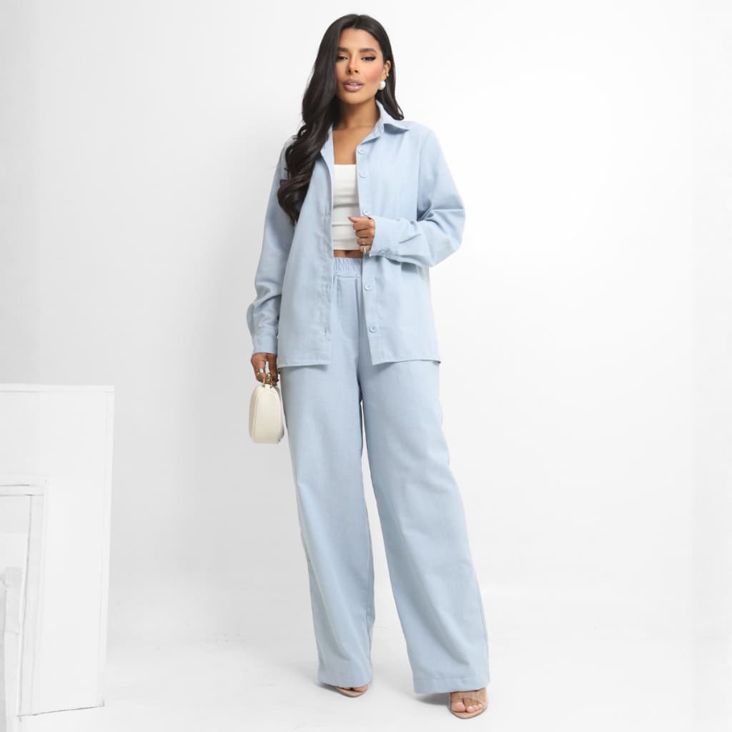 Conjunto Feminino Linho Calça e Camisa Manga Botões