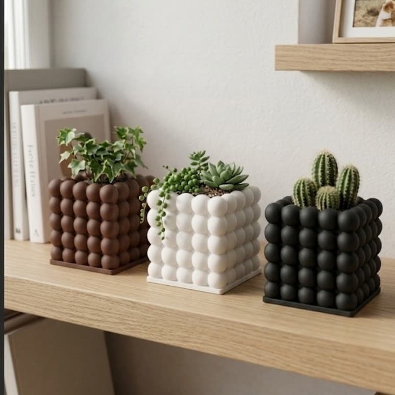 Vaso Cachepot Quadrado Bolha 3D Decorativo Para Suculentas Cactos Plantas Mesa Prateleira