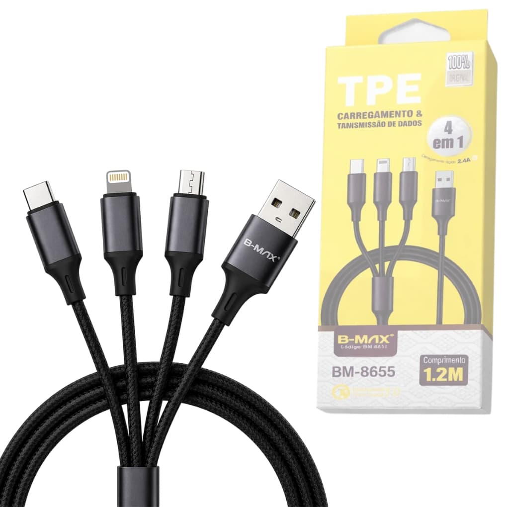 Cabo Carregamento 4 em 1 Micro USB Tipo C Lightning V8 1.2M