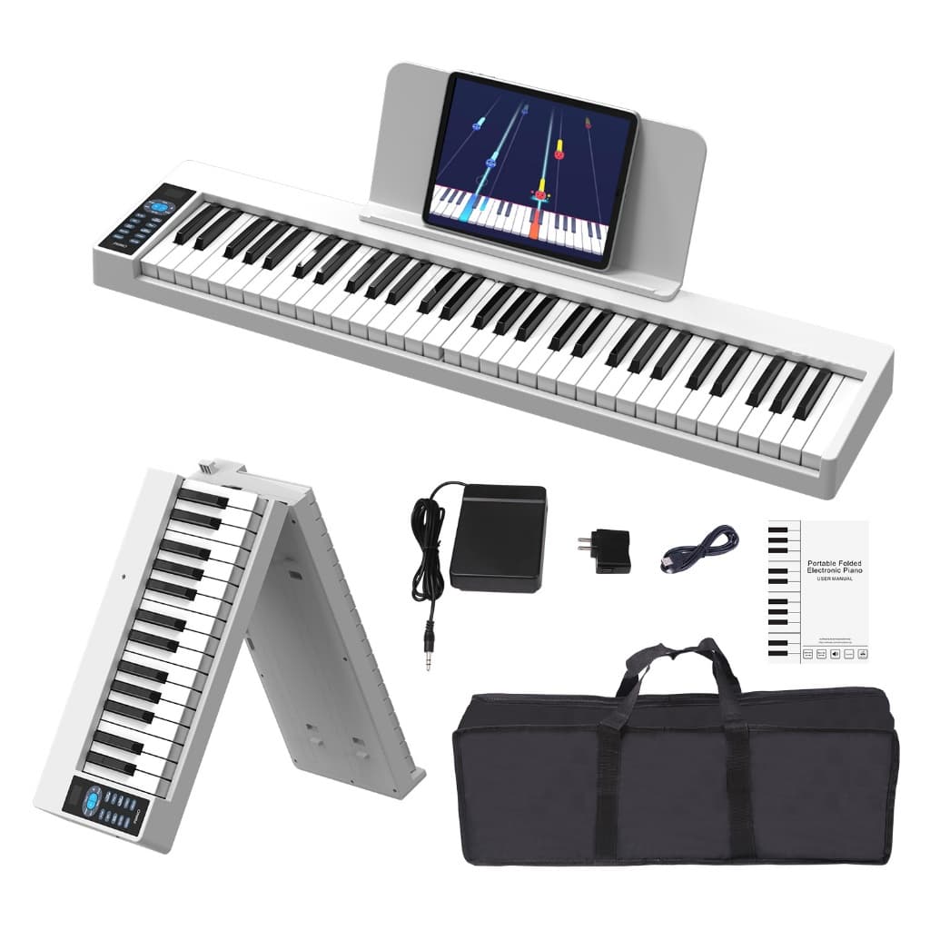 Piano dobrável de 61 teclas, piano elétrico sensível ao toque para iniciantes, teclado portátil, com suporte para partit