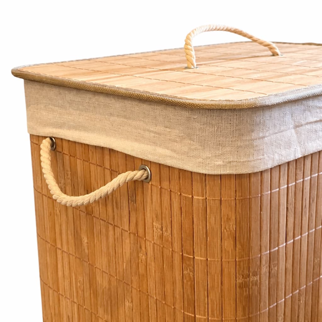 Cesto De Roupa Suja de Bambu - 70 Litros - Forro de Pano, Tampa, Alças de corda, Bege/Palha