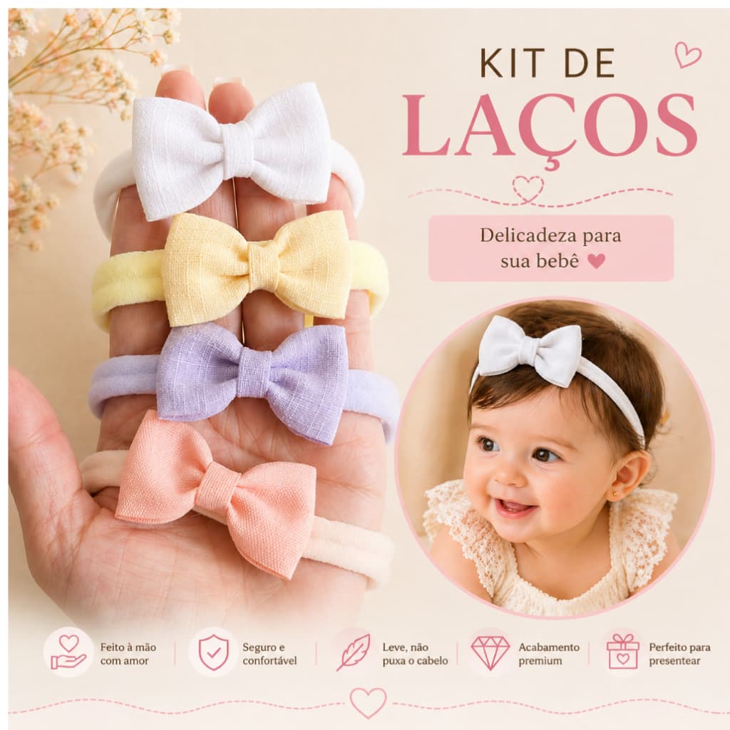 kit 4 Lacinhos de tecido linho Bebê Faixinha RN Tiara na Meia de Seda