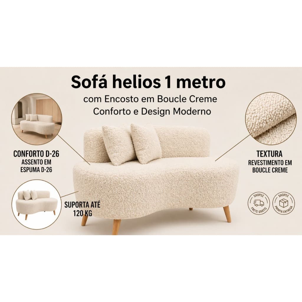 🔥 Sofá Helios XII 1m Bouclé Creme | Pé 12cm Alto, Moderno e Confortável | Pronta Entrega