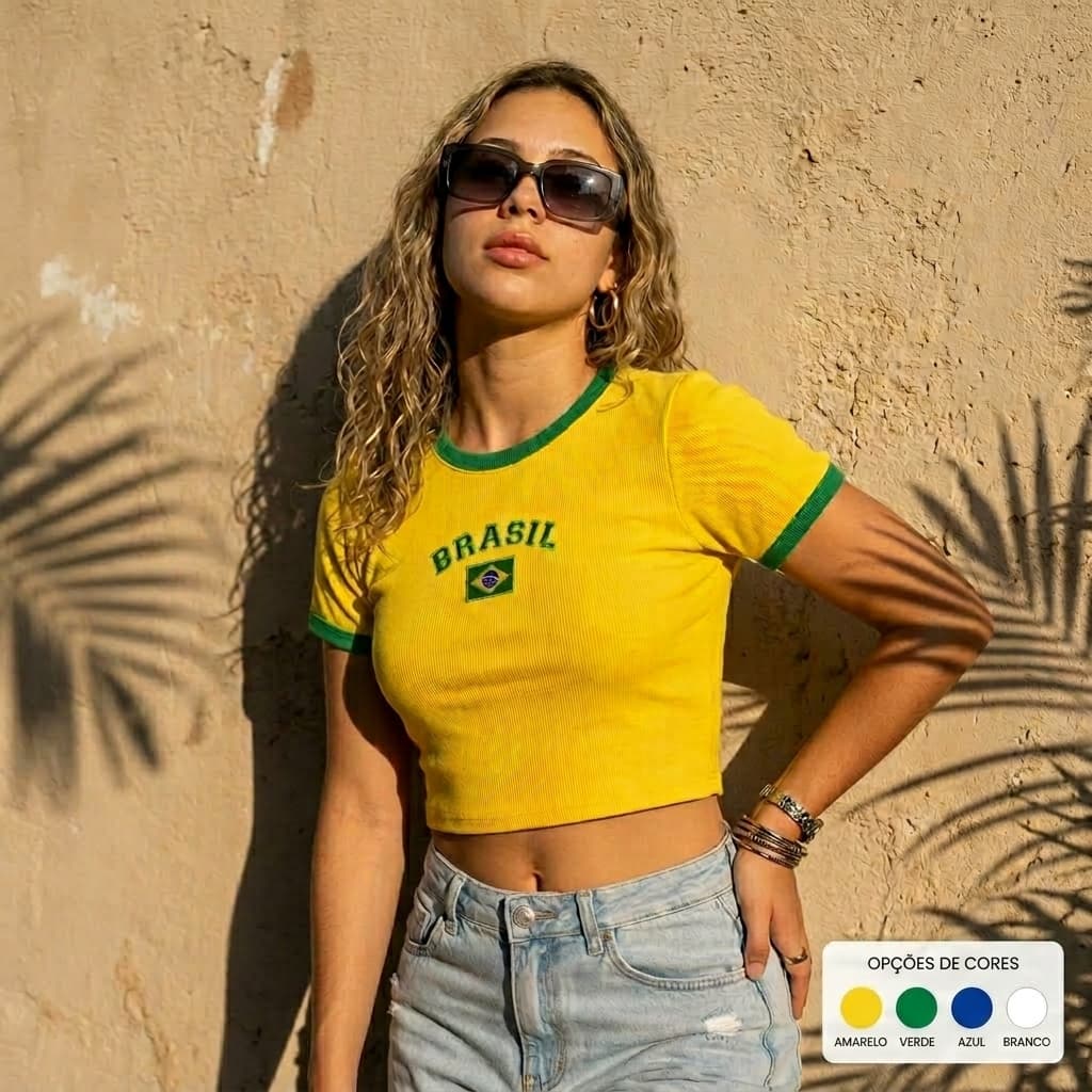 Cropped Feminino Canelado Manga Curta Brasil Verde Amarelo Cropped Copa Torcida Camisa Feminina Moda Blogueira