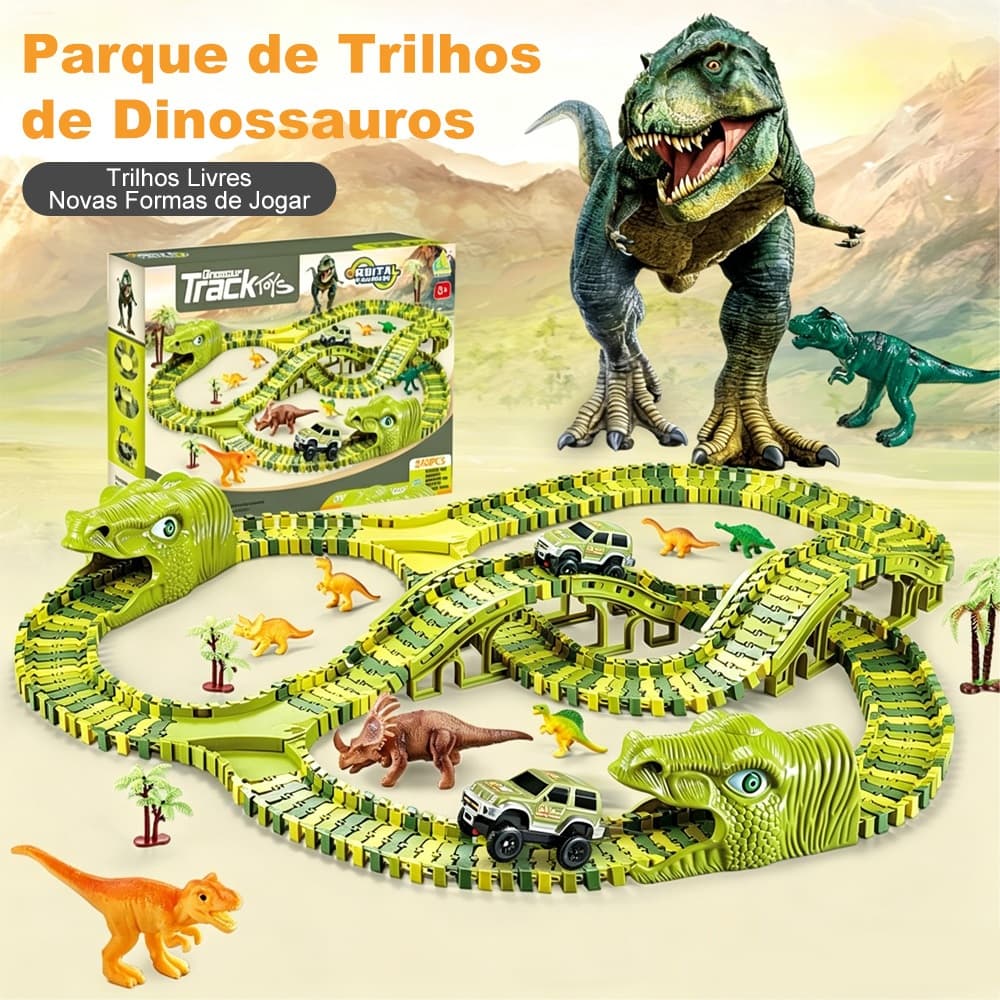 Pista de carros elétricos com tema dinossauro, com pista circular, carros, acessórios 240 peças