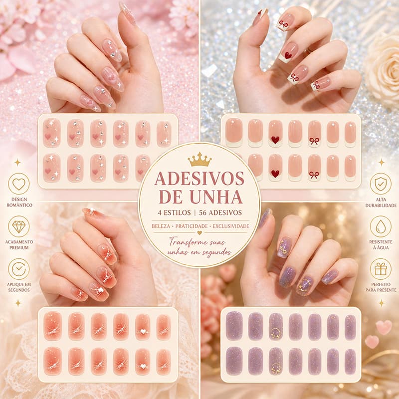 Kit Unha Adesiva em Gel 56 Peças 4 Estilos Rosa com Coração e Brilho para Presente