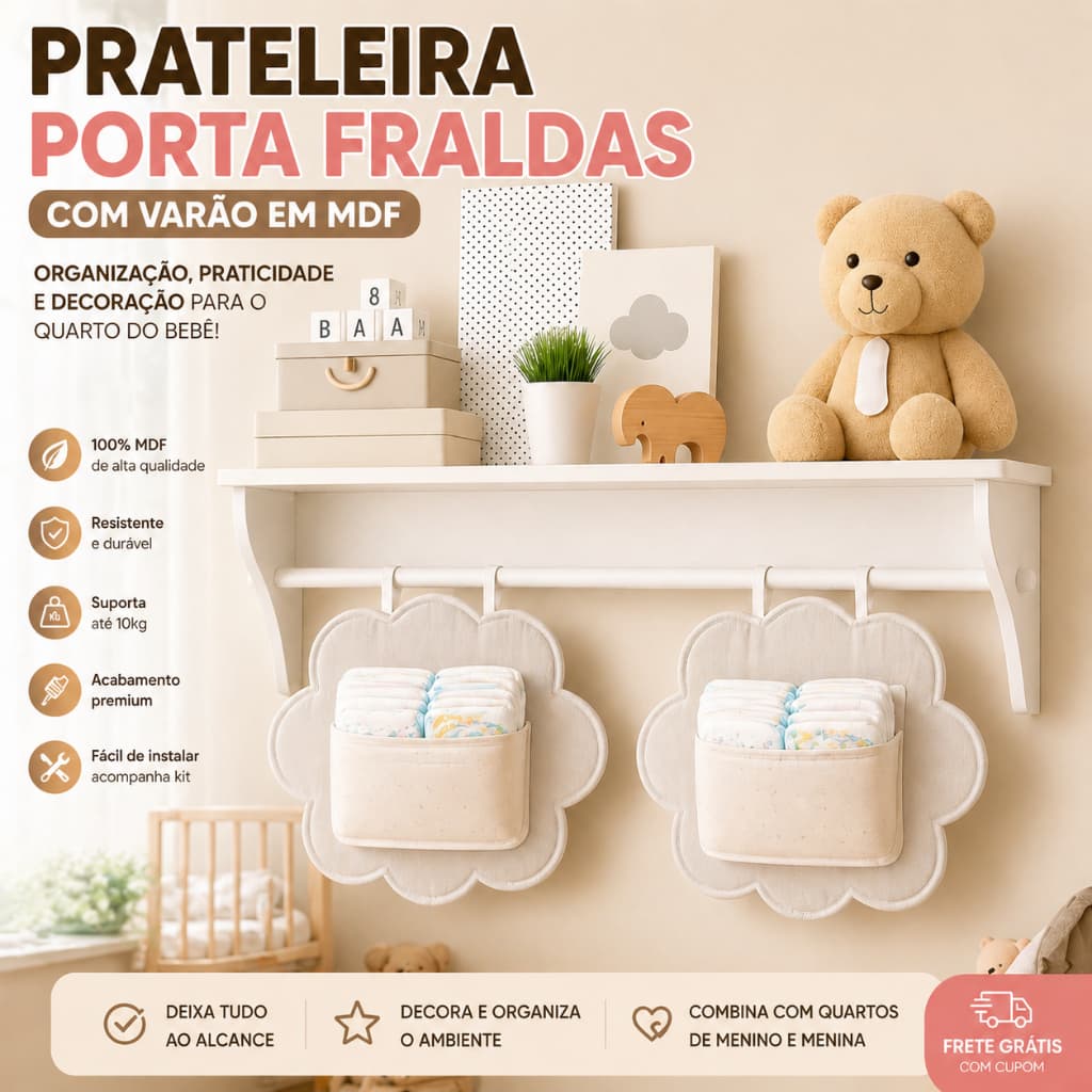 Prateleira Porta Fraldas MDF Com Varão + Nichos Decorativos Quarto Bebê Menino Menina
