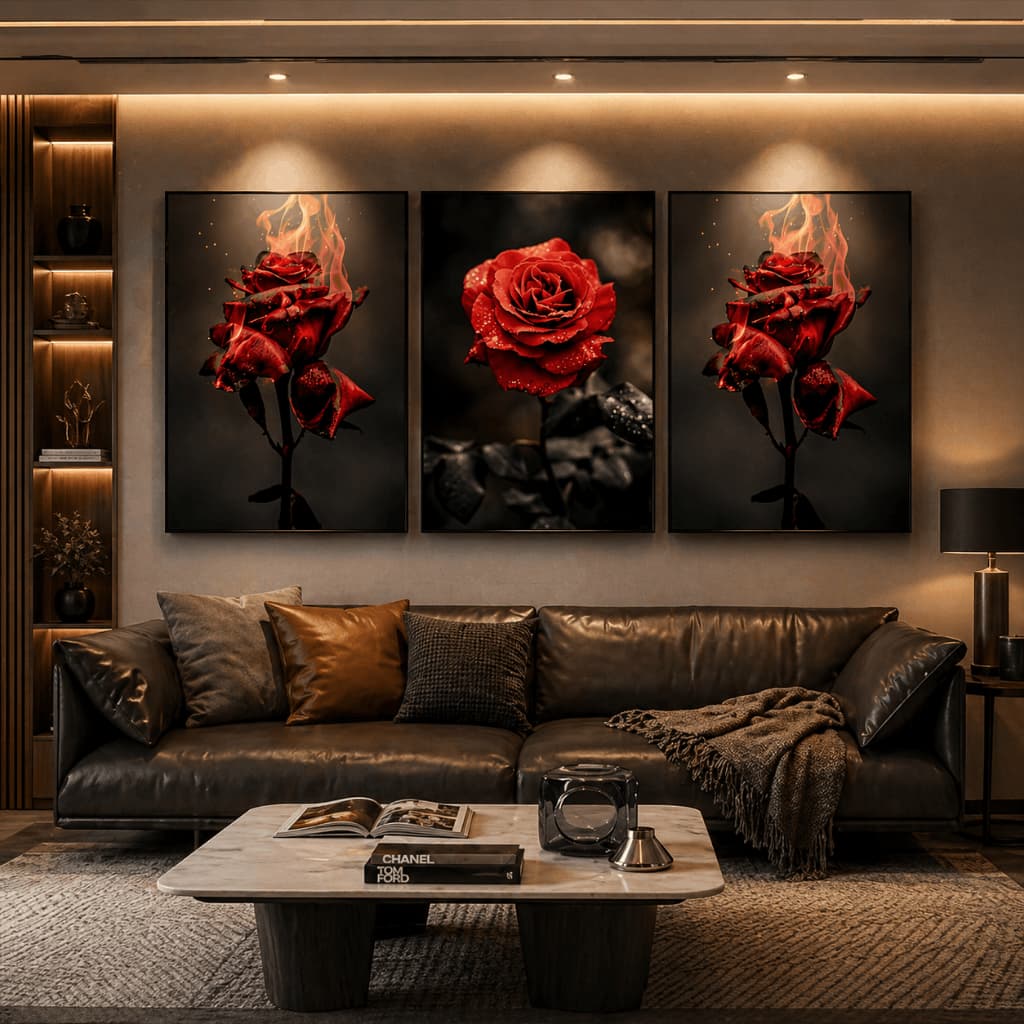 Kit 3 Quadros Decorativos Rosa Vermelha Luxo Floral Quarto Moderno 3D