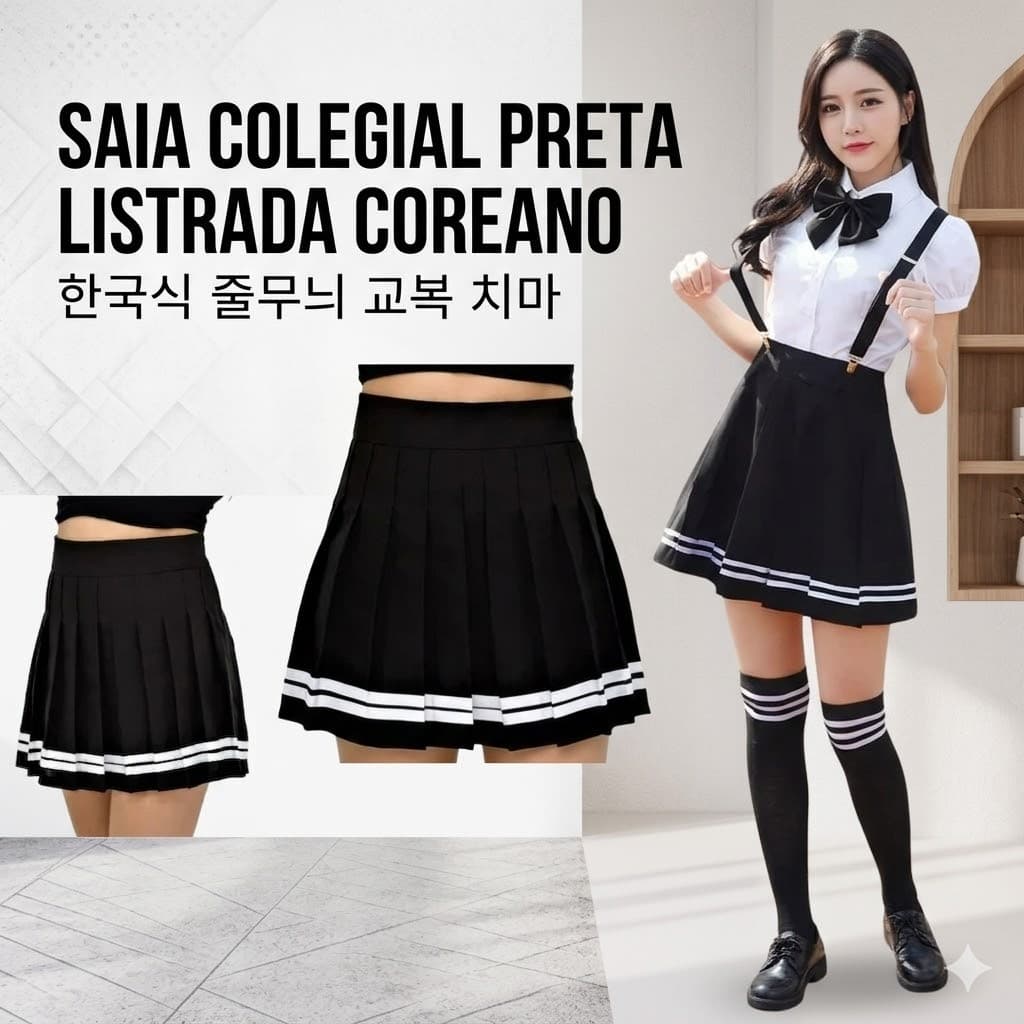 Saia Colegial De Preguinhas Preta Cosplay Coreano