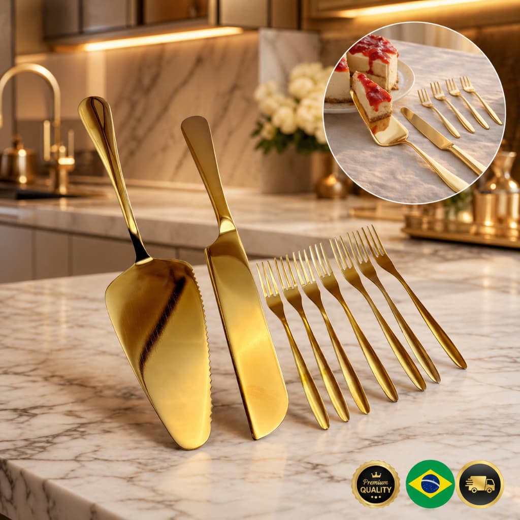 Jogo Talheres Dourados Para Bolo e Sobremesa – 8 Peças Luxo Inox