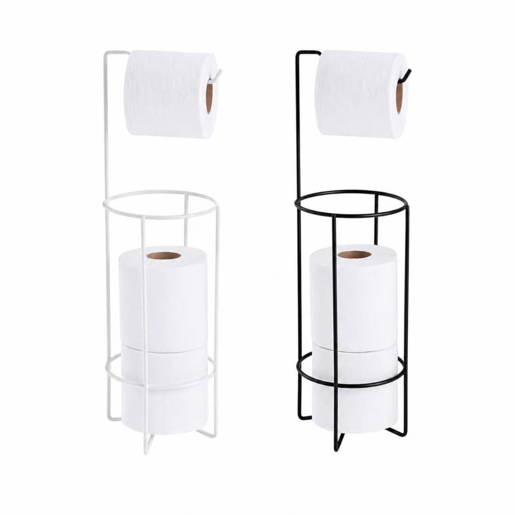 Suporte Porta Papel Higiênico de Chão com Organizador | Preto e Branco | Banheiro Moderno