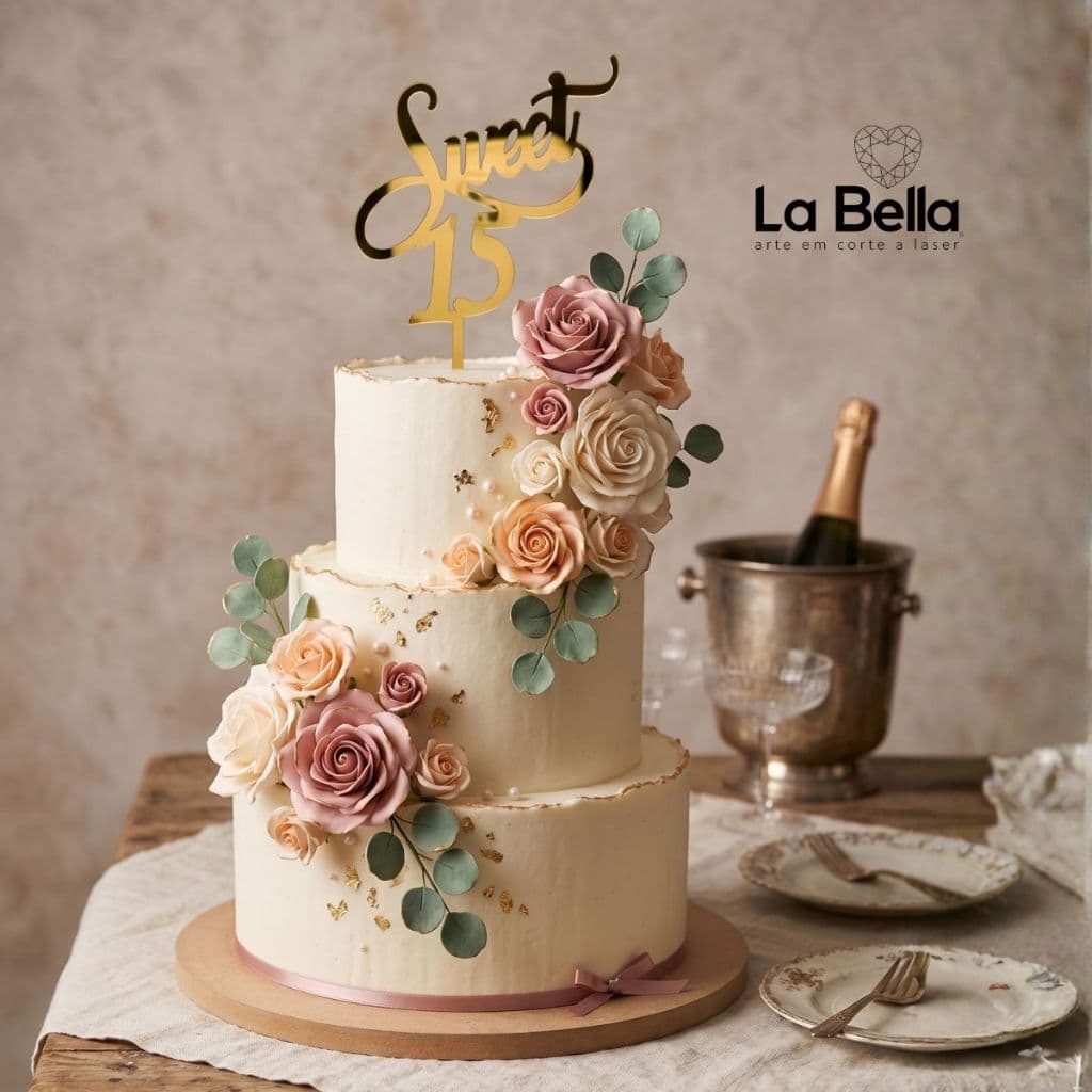 Topo de Bolo Sweet 15 Anos Acrílico Espelhado Decoração Festa Debutante
