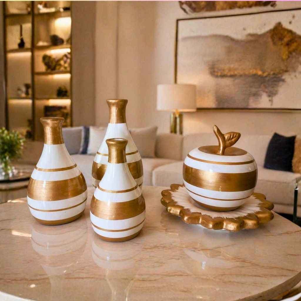 Conjunto de Vasos Luxo com Enfeite Maça Decorativo Cerâmica Mesa Cozinha Aparador