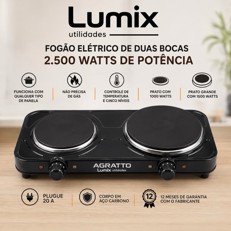 Fogão Elétrico Agratto de Mesa 2 Pratos Preto 2500W plugue 20 amperes