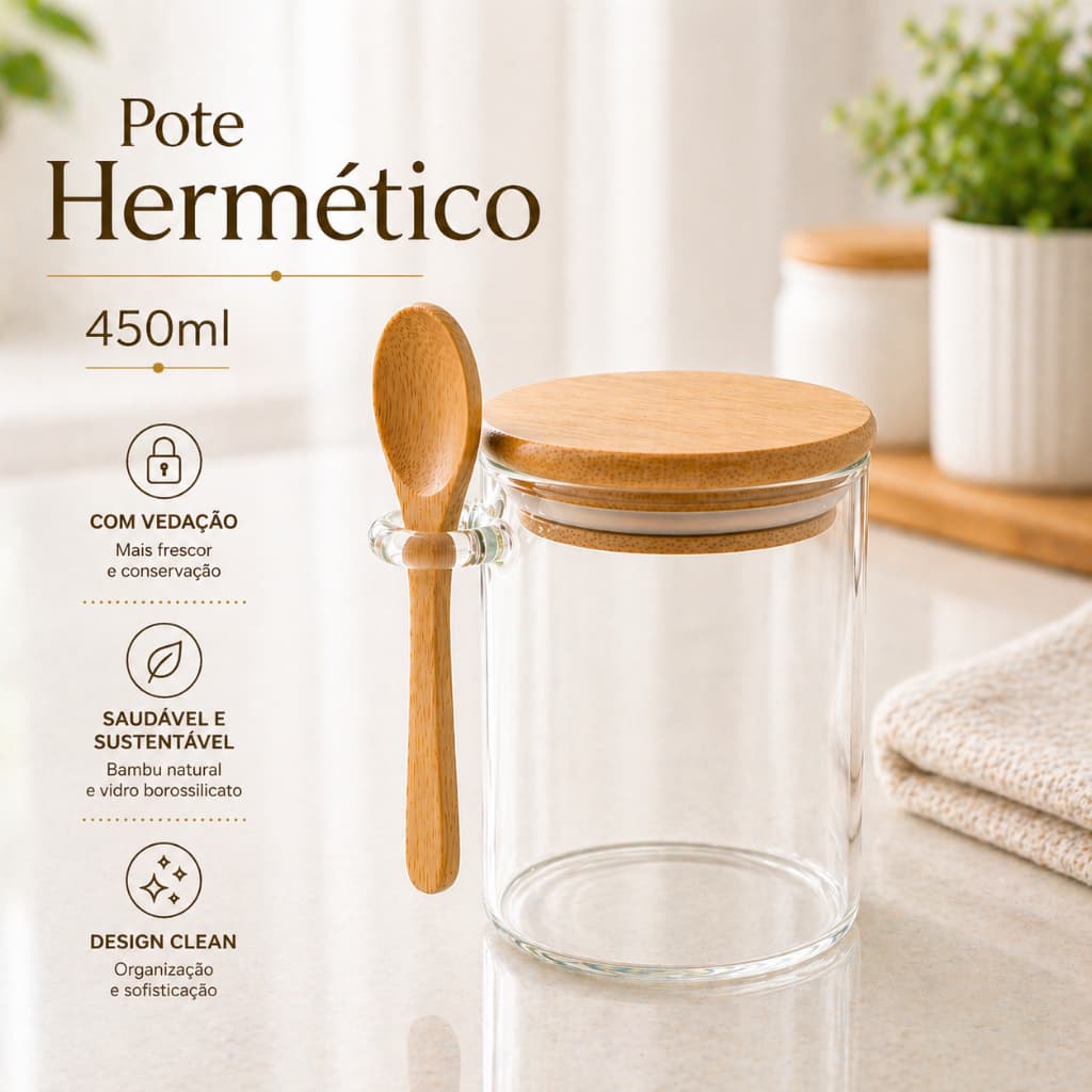 Pote Hermético Vidro Borossilicato 450ml Tampa Bambu com Colher
