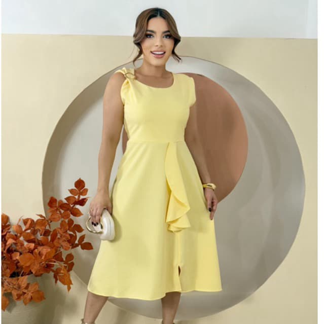 Vestido Alfaiataria Barbie Premium com Fivela orgânica de metal Elegante com fenda e babado na saia