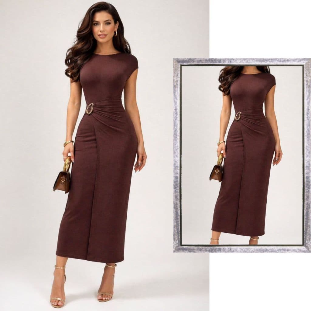 Vestido Midi Manga Transpassado com Fivela Tendência Premium