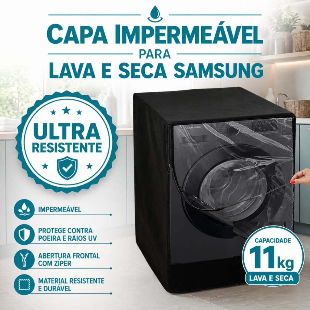 Capa Lava e Seca Samsung 11kg Transparente Impermeavel Reforçada Protege Sol Poeira Chuva Maresia Sereno