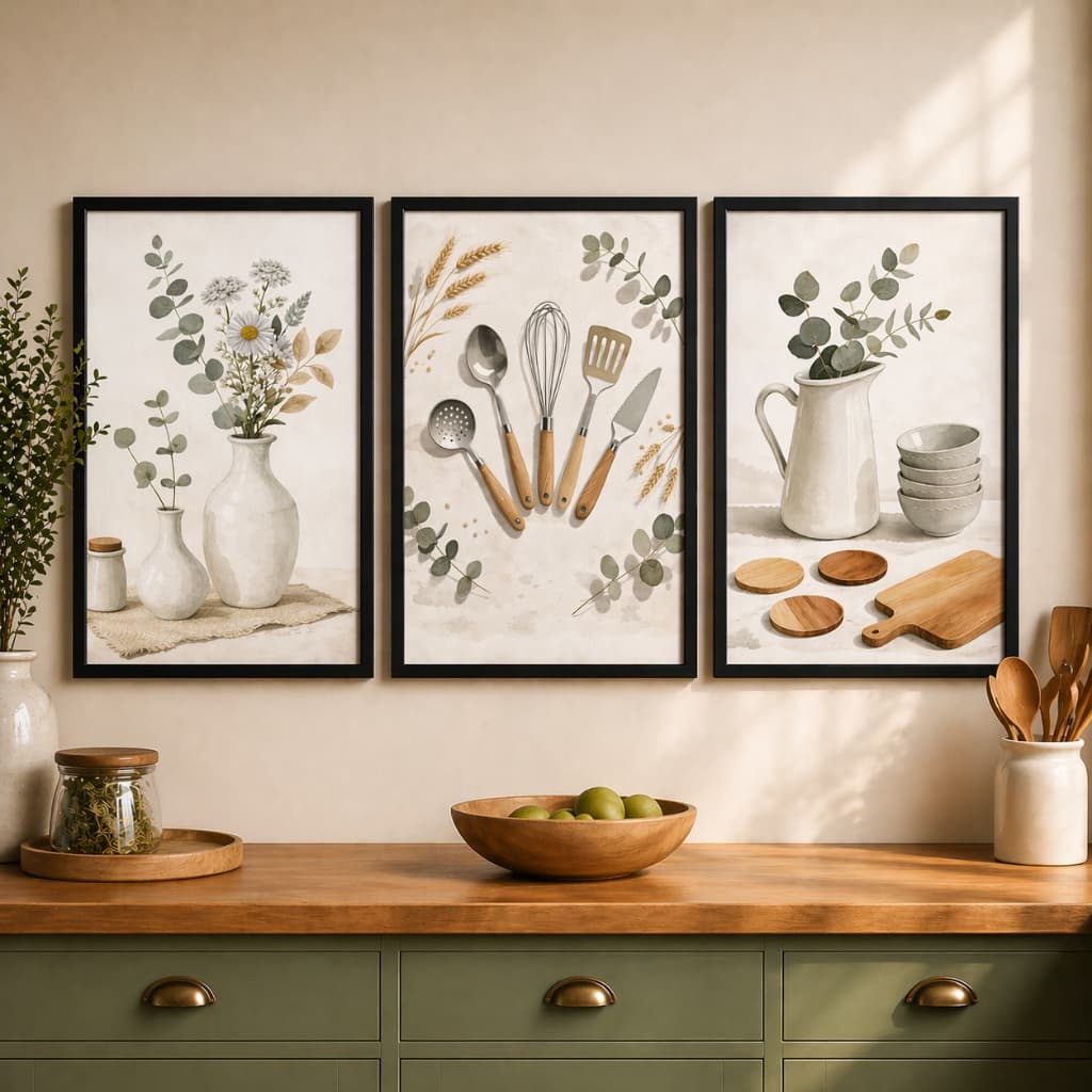 Kit 3 Quadros Decorativos Cozinha Gourmet Minimalista – Arte Botânica Moderna com Moldura Preta Premium