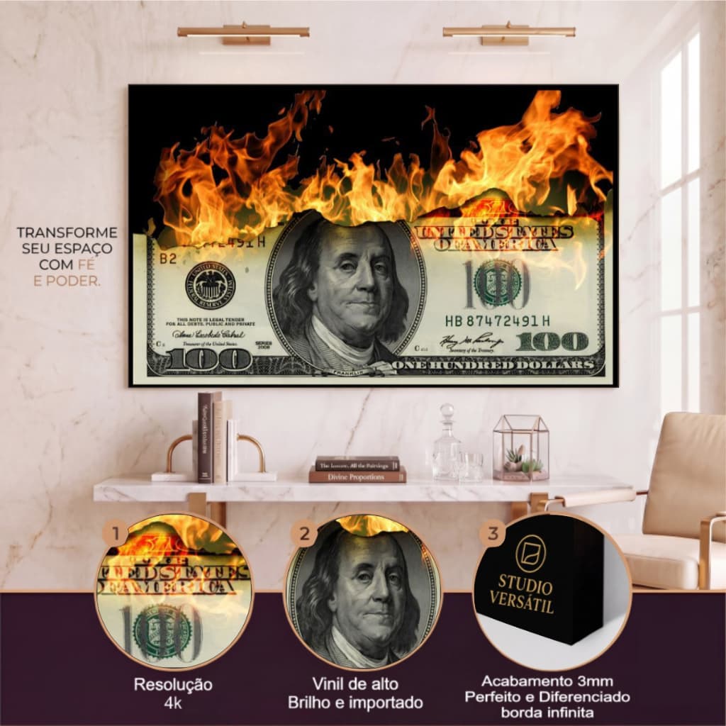 Quadro Decorativo Nota Dolar Dinheiro Pegando Fogo Quarto Sala Escritório Moderno Peça Unica