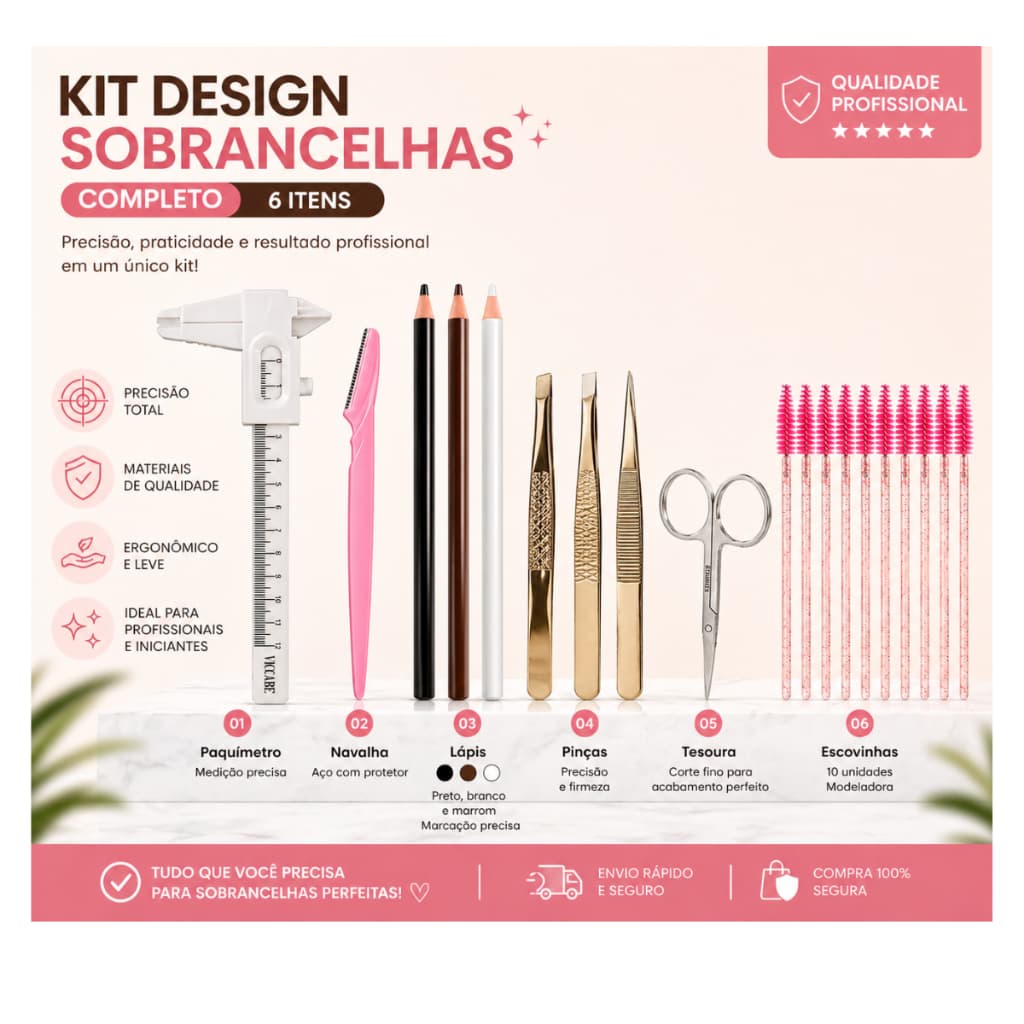 Kit Design de Sobrancelhas Profissional Completo 6 Itens com Paquímetro Lápis Pinças Navalha Tesoura