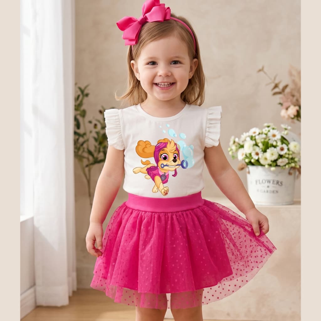 Conjunto Infantil Menina Patrulha Sky  1 a 10 Anos Blusa Babado + Short Saia Tule Pink Look Fashion Blogueirinha