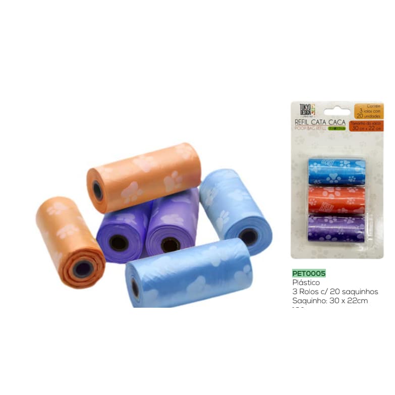 KIT REFIL CATA CACA SAQUINHOS HIGIÊNICOS PARA PET 3 ROLOS COM 20 UNIDADES CADA - MULTIART - PET0005