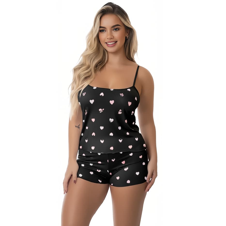 Pijama Feminino Aleatório Alça Fina Conjunto Baby Doll Short e Blusa Estampado Fresquinho