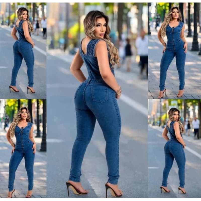 Macacão Macacao macaquinho Jeans feminino com Laycra Moda Inverno 40 ao 46