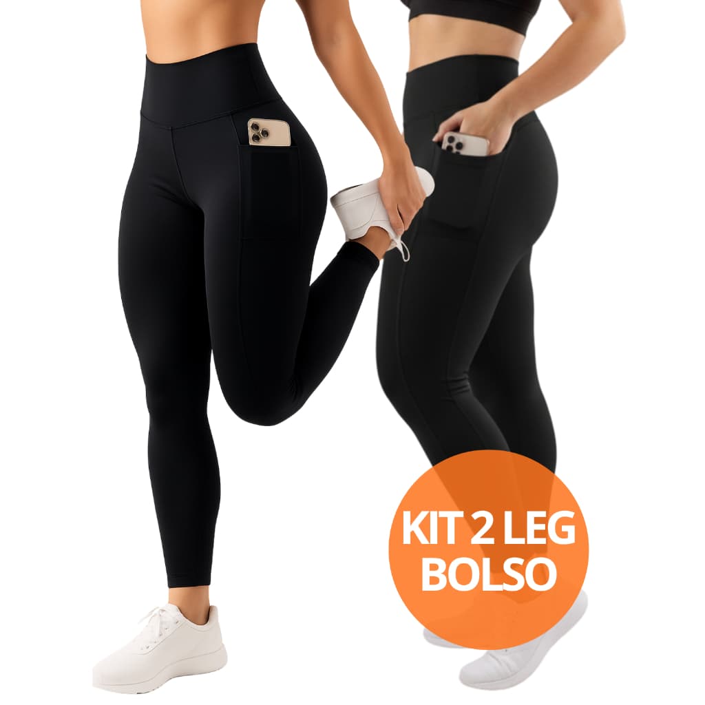 Kit 2 Calça Legging Fitness Feminina Bolso Lateral Suplex Grosso sem Transparência Academia Cós Alto