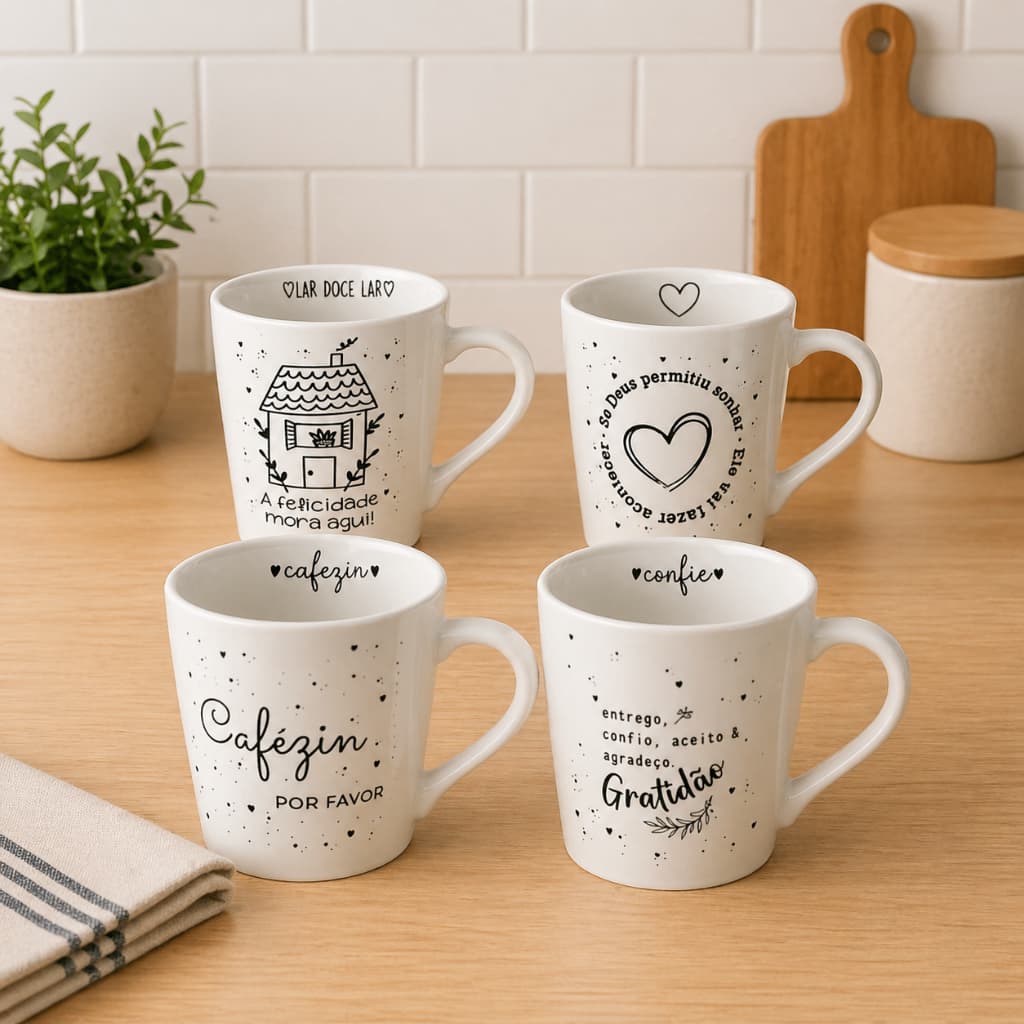 Jogo de Xícaras para Café 120ml Frases Porcelana Decoração Cozinha