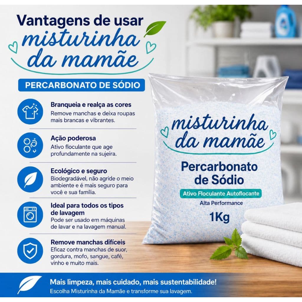 Percarbonato de Sódio 100% Puro Com Ativo Auto Flocante Tira Manchas Roupas Brancas 500g/1kg /2kg