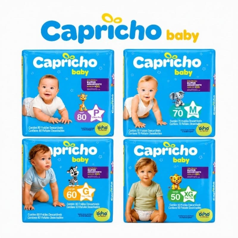 Fralda Descartável Capricho Baby Hiper Com Gel Super Absorvente Tamanhos P/80 - M/70 - G/60 - XG/50.