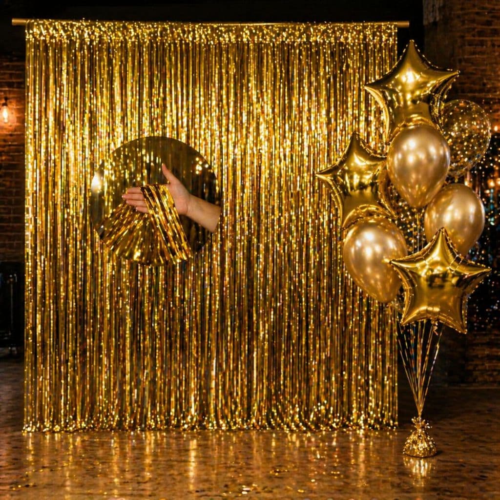 kit aniversário decoração kit buque 2 Cortinas Metalizada Lisa Decorar Aniversário Festa Balões