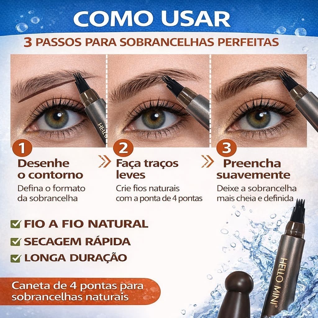 Caneta para Sobrancelha cor 1 - 4 Pontas Tattoo Brow Natural Fio a Fio Longa Duração Secagem Rápida Hello Mini