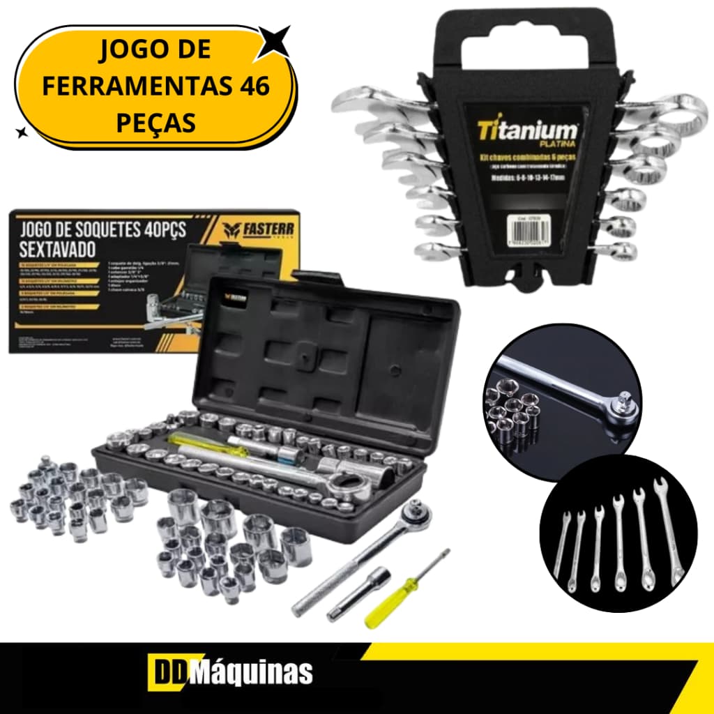 Kit Chave Combinada 6 À 17mm Com 6 Peças + Jogo de Soquetes 1/4-3/8 com 40 Peças - Fasterr/Titanium