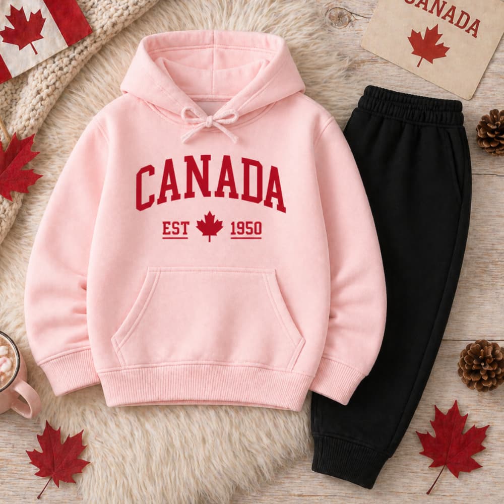 Conjunto Moletom Infantil Canada Flanelado Com Capuz Calça Preto Inverno Quentinho Unissex