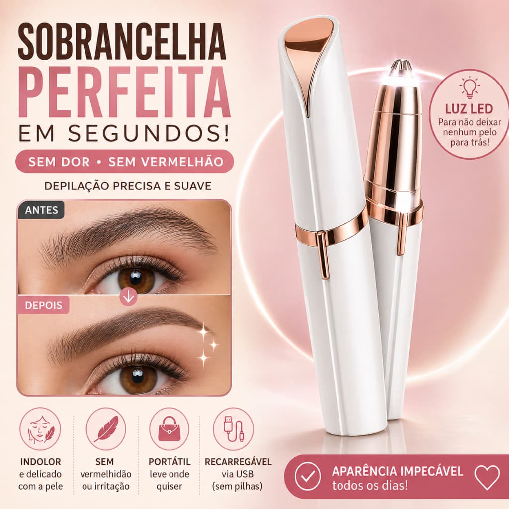 Caneta Depiladora Elétrica para Sobrancelha com LED – Sem Dor, Portátil e Recarregável USB