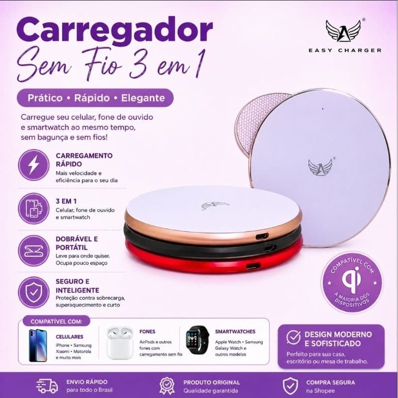 Carregador Rápido por Indução Sem Fio 15W com LED  Marca: Altomex