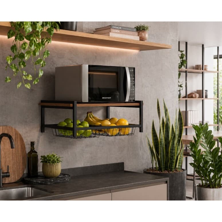 Fruteira De Parede Com 2 Cestos Aço Estilo Industrial Suspensa Suporte Microondas Resistente Forte