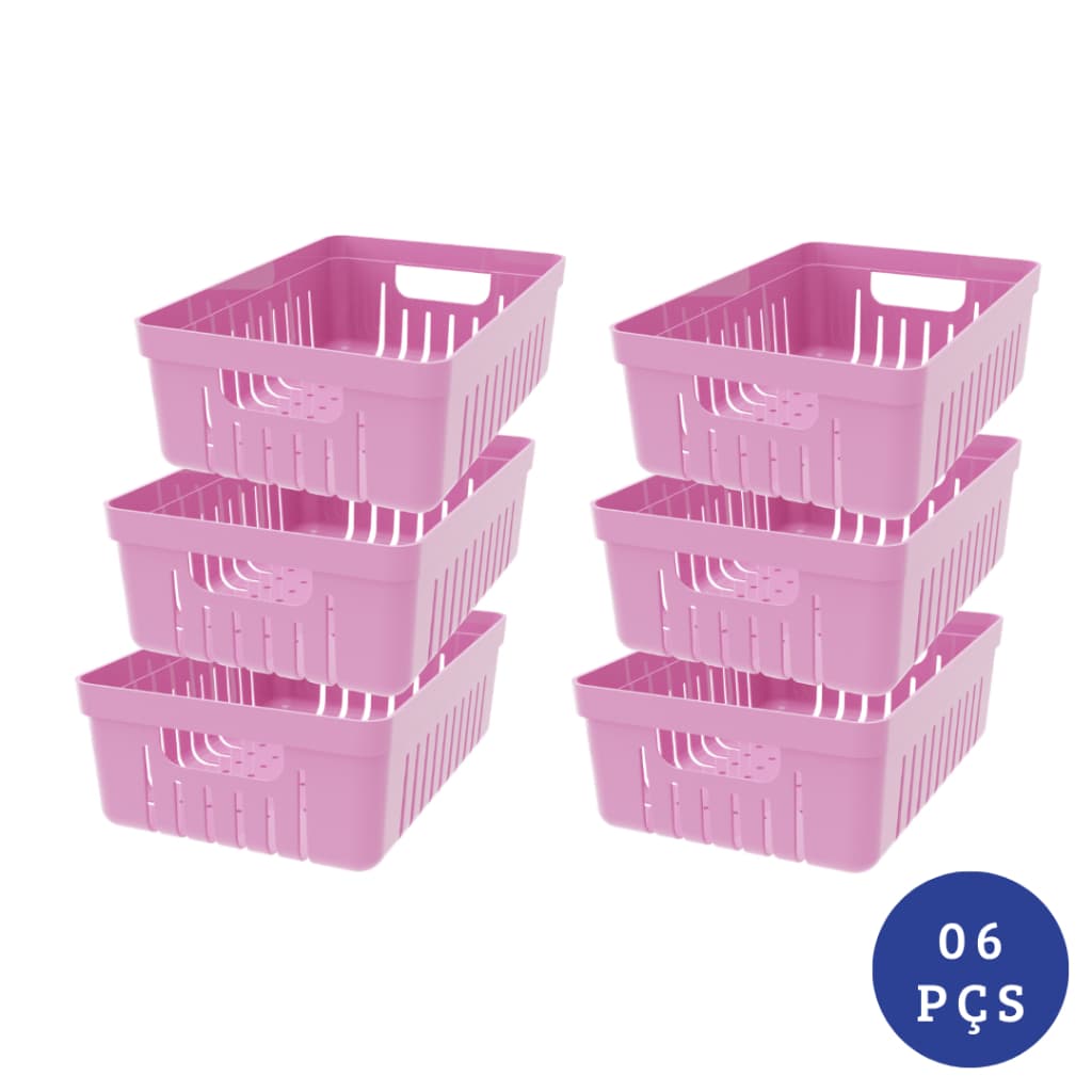 Kit 6 Cesta Organizadora Reforçada com Alça Plástico Resistente Organizador Multiuso