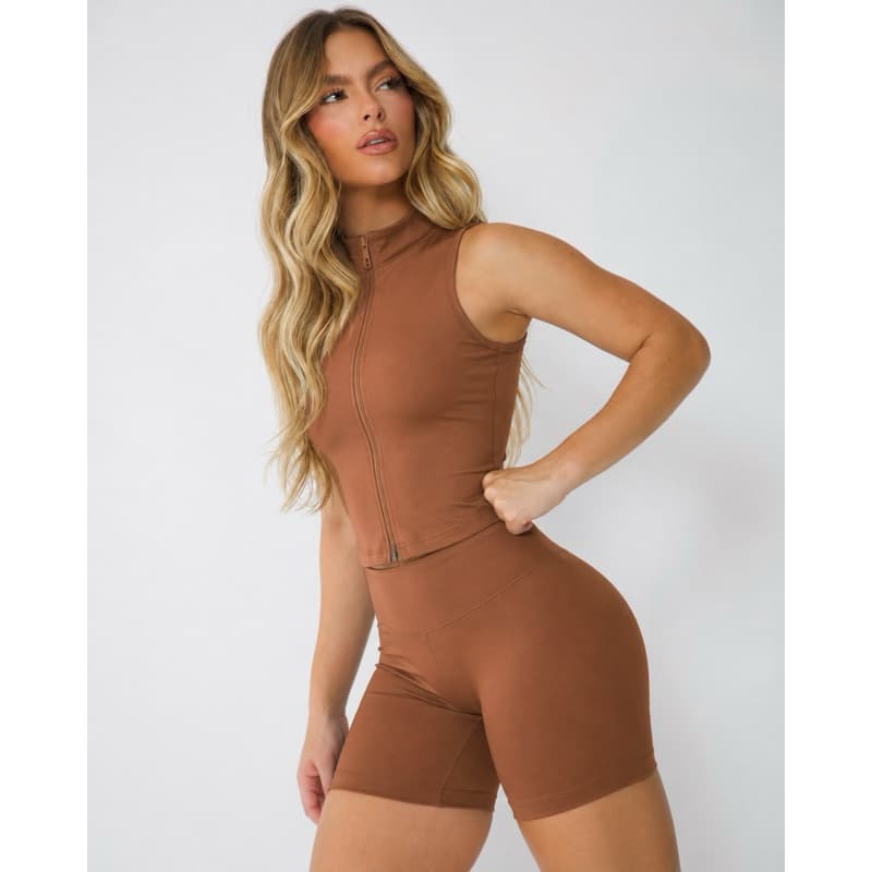 Conjunto Fitness Feminino Marrom Regata com Zíper + Short | Suplex Power
