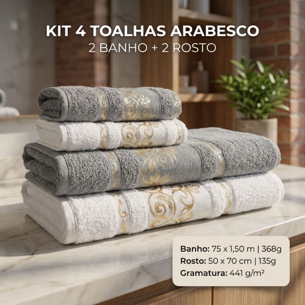 Kit 4 Peças Toalha Arabesco Banhão 100% Algodão 2 Banho + 2 Rosto Conforto Extra