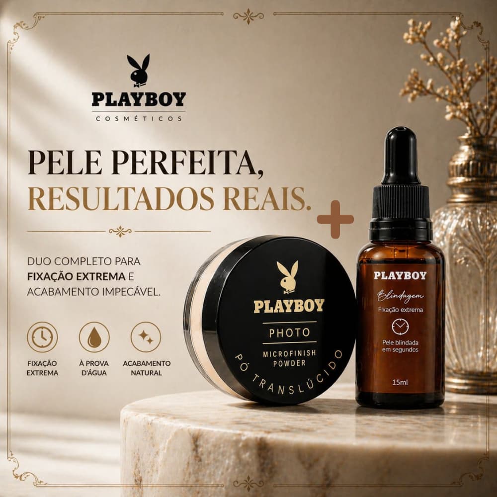 Kit Maquiagem Playboy Pó Translúcido + Blindagem 3 em 1 15ml Efeito Profissional e Sem Oleosidade