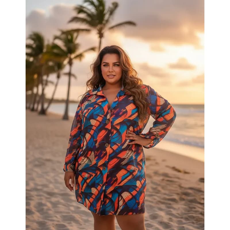 Saída de Praia Camisão Chiffon botões e gola , manga longa ajustável do tamanho 46 ao 60