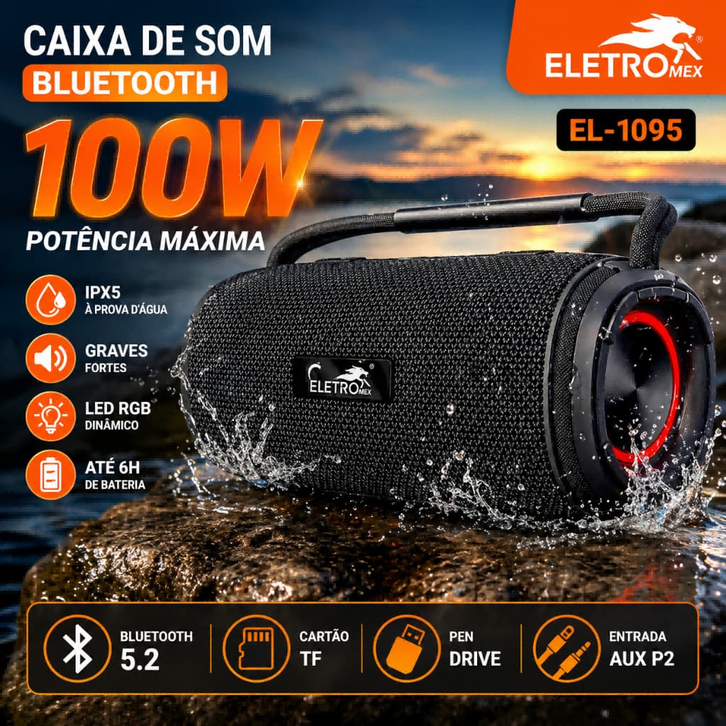 Caixa de Som Bluetooth Eletromex EL-1095 100W Potente IPX5 À Prova D’água LED RGB Graves Fortes USB TF Aux